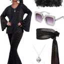 Jexine Halloween 70s Women Disco Outfit Costume Set Disco Party Top Pants Sunglasses Ball Necklace Earring Wig (Medium, Black)