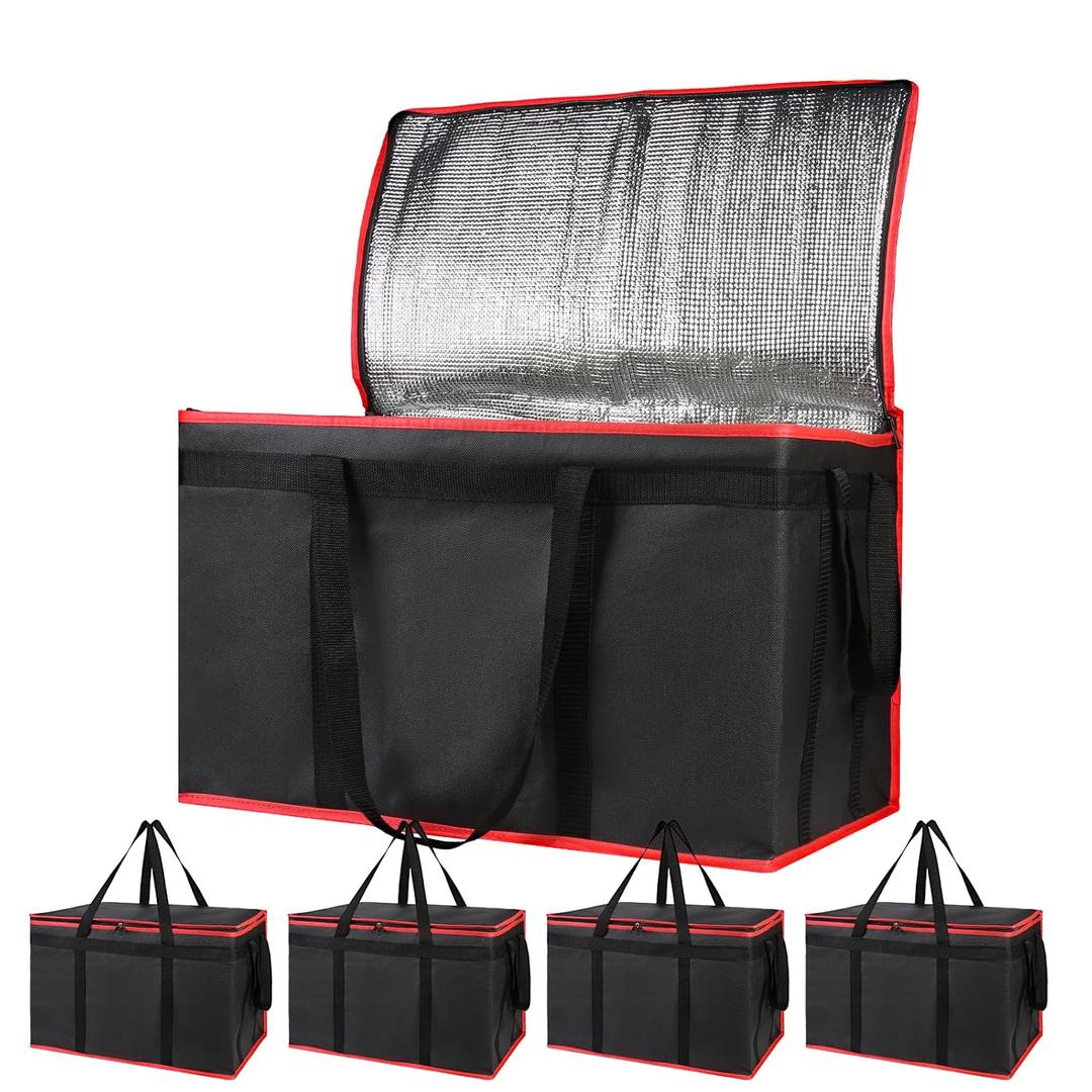 Bodaon 4-Pack Cooler Insulated Food Delivery Bag for Doordash/Uber Eats, XXX-Large Thermal Bags for Catering/Hot Pizza, Travel/Camping Essentials/Picnic/Grocery Reusable Warmer Frozen, Black-Red Edge