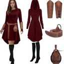 5 Pcs Renaissance Women Costume Medieval Hooded skirt Vintage Arm Guard Printed Belt and Waist bag, Small