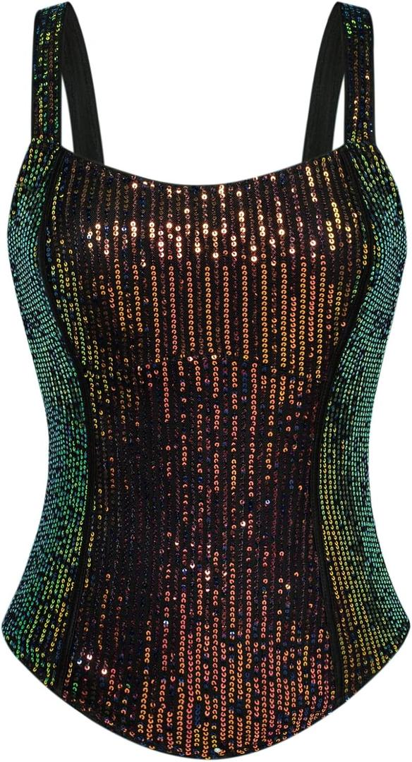 GRACE KARIN Sequin Tank Tops for Women Bustier Corset Top Sparkle Sexy Slim Camisole Sleeveless Party (Dazzling Black, L)