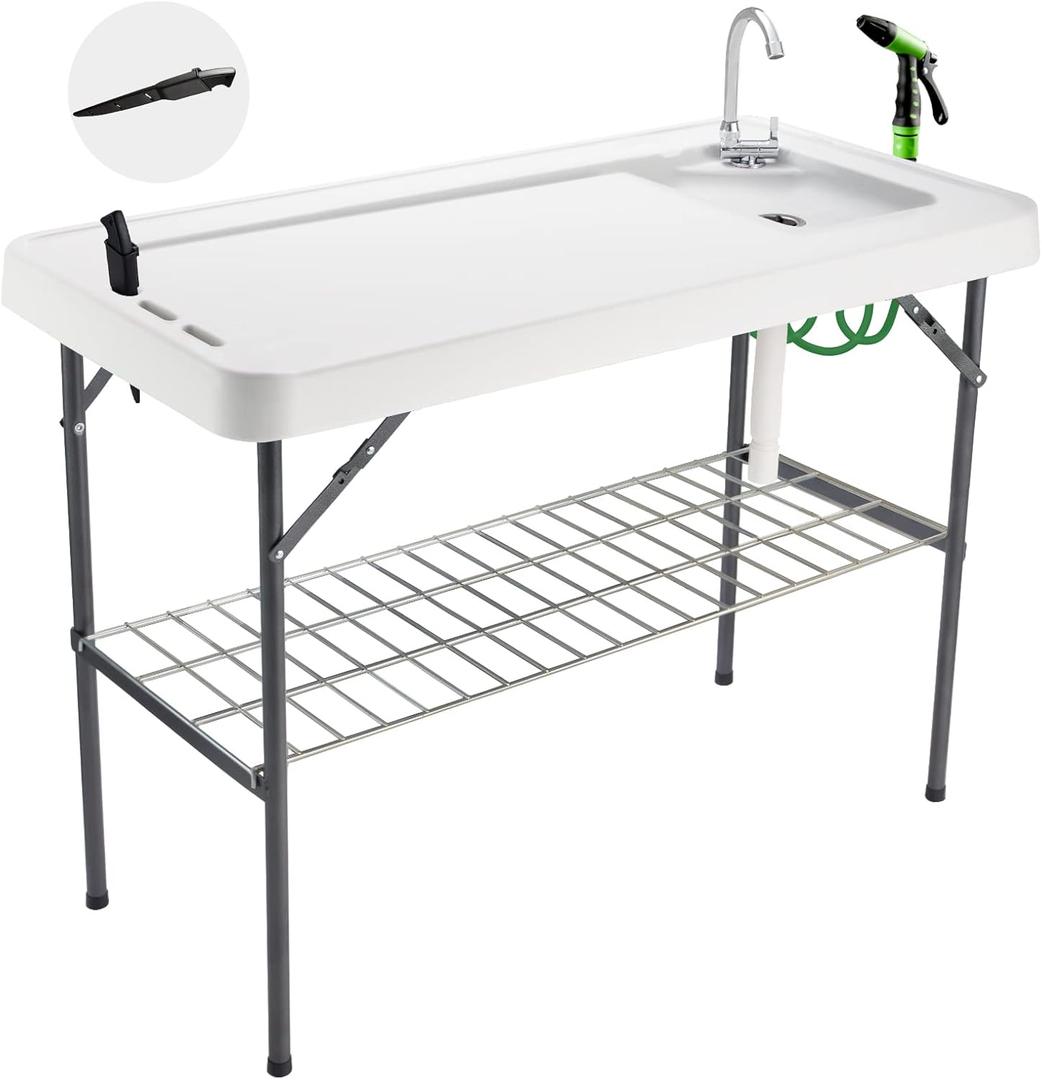 Folding Fish Cleaning Table Portable Camping Sink with Faucet Drainage Hose & Sprayer Outdoor Fillet Station Grid Rack Knife Groove for Picnic Fishing, Black
