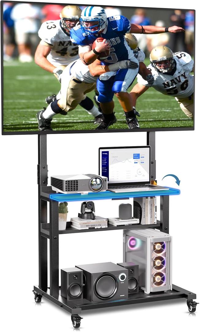 Outdoor TV Stand with Foldable Table, Tilt & Height Adjustable Rolling TV Cart for 32-75 inch TVs, Portable TV Stand on Wheels with 3 Storage Shelves, Hold up to 150 lbs, Black