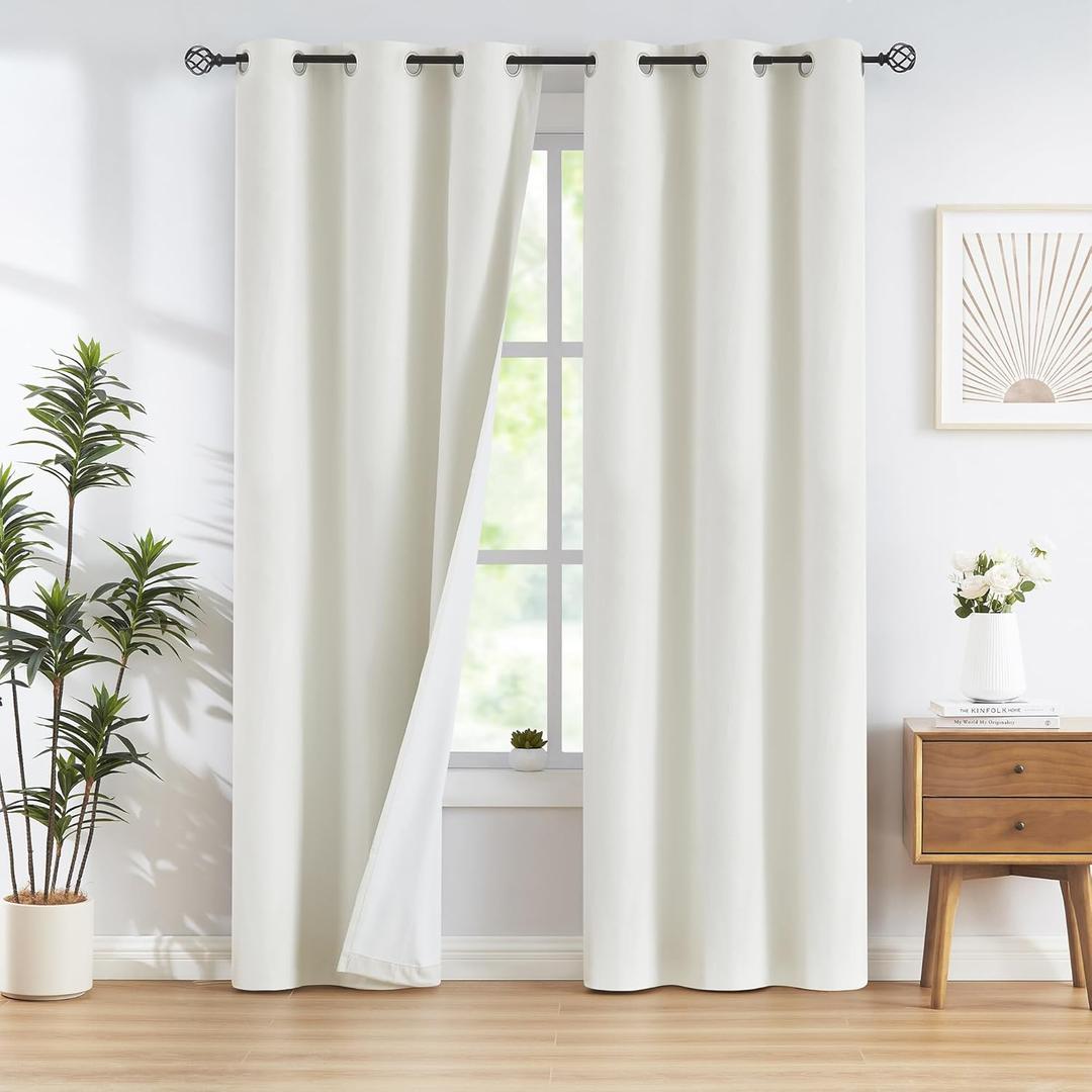 FMFUNCTEX 100% White Blackout Curtains for Bedroom, Cream Weave Textured Curtains 84 Inches Long Thermal Insulated Curtains for Living Room, Farmhouse Drapes Grommet Room Darkening 2 Panels