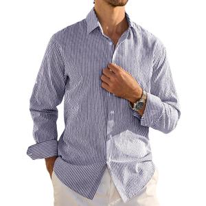 CURBODO Mens Button Down Long Sleeve Shirts Striped Collar Cotton Casual Business Summer Beach Wedding Dress Shirt Blue Stripe M