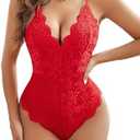 Avidlove Women One Piece Lingerie Deep V Teddy Sexy Lace Bodysuit Snap Crotch Babydoll, Red, XL
