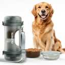 Gardner Pet Portable Dog Water Bottle&Food Container (49.6oz)  Leakproof Travel Water Bottle for Medium/Large Dogs (30+ lbs) Hiking, Camping, Beach  2 Collapsible Bowls & Shoulder Strap (Grey)