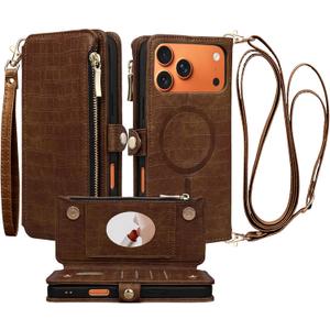 Crossbody Wallet Case for iPhone 17 Pro Max with Mirror, Wrist Strap, Zipper Purse Magnetic Flip, RFID Blocking Card Holder, Wireless Charging, PU Leather Shockproof 6.9" Women (Brown)