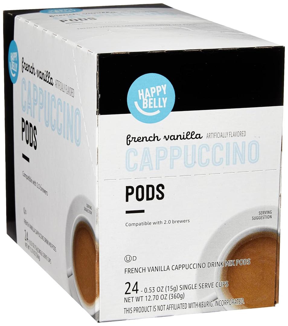 Happy Belly Cappuccino Coffee Pods Light Roast Compatible with 2.0 K-Cup Brewers, French Vanilla Flavored, 24 Count, 12.7 Ounce (EXP 05/29/26)