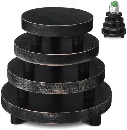 Geetery 4 Pcs Wooden Risers for Display Wood Pedestal Stand Mini Tray Stand Round Wooden Pedestal Holder Rustic Riser for Decor Tiered Tray Decor Home Kitchen, 5/6/7/8 Inch(Black)