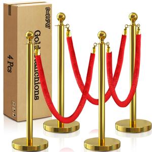 4 Pcs Gold Stanchions with Velvet Ropes with 3 Pcs 5 Ft Red Velvet Ropes Carpet Ropes Posts Stanchion Set for Crowd Control Barriers for Weddings, Events, Hotels, and Party Decor