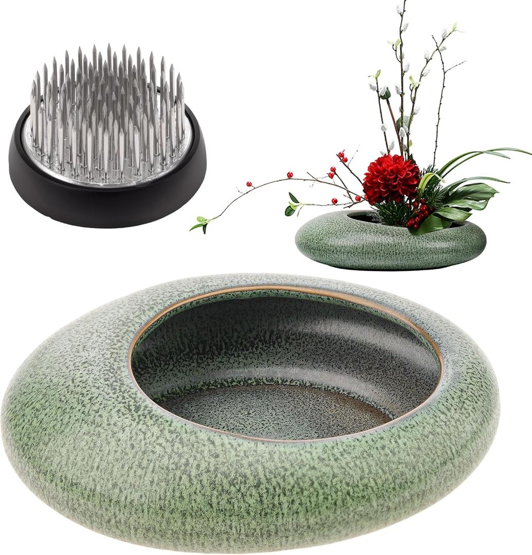 Folmywy Japanese Ceramic Ikebana Vase Kit with 1.57 Inch Flower Frog Kenzan Flower Stem Holder Green Round Ikebana Bowl Flower Arranger Pot for Summer Activity Table Decor