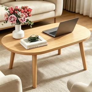 Coffee Table, 31.5" Oval Low Coffee Tables with Solid Wood Legs Large Brown, 31.5"d X 19.7"w X 16.3"h