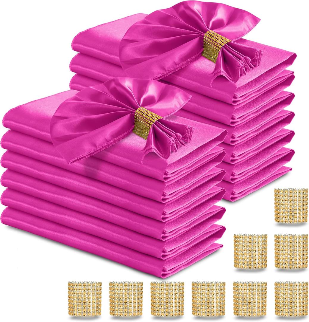 RUDONG M 100 Pcs Hot Pink Satin Napkins and Napkin Rings Set, 17 x 17 Inch Square Cloth Napkins Set of 50, Silky Soft Table Napkins Bulk for Weddings, Banquet, Parties Dinner Decoration