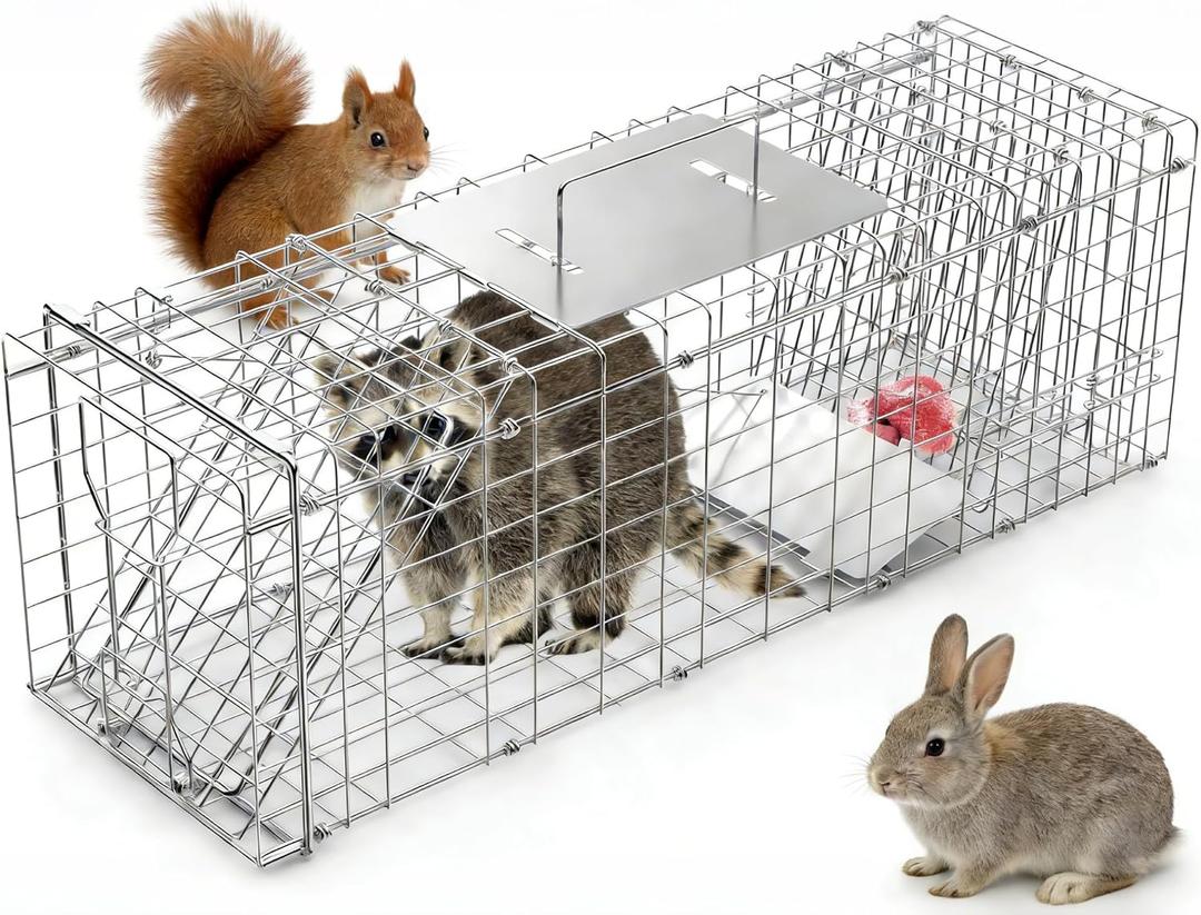 31" Live Animal Cage Trap, Heavy Duty Humane Large Foldable Catch Release Cat Trap for Stray Cats Raccoons Squirrel Skunk Groundhog Armadillo Rabbit (31" Trap Cage)
