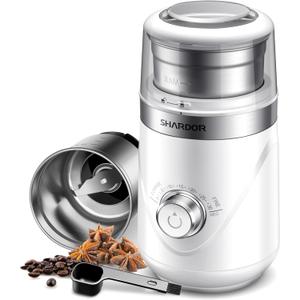 SHARDOR Electric Super Silent Blade Coffee Grinder, Timed Grind Control Rotary Knob, Adjustable Coarse to Fine for Coffee Beans, Spices & Herbs, with 1 Removable Stainless Steel Bowl, White