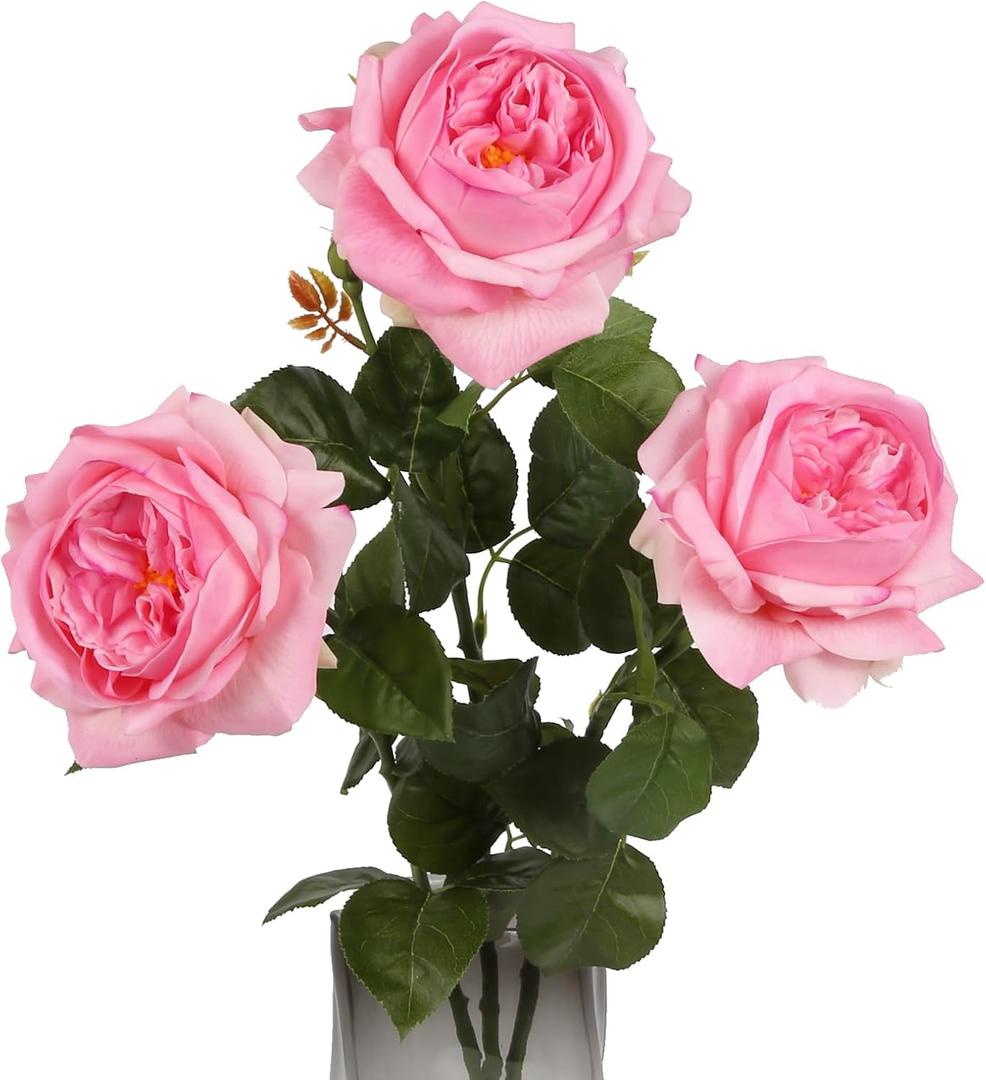 3PCS Pink Rose Artificial Flowers 23.62'' Real Touch Austin Roses with Long Stem Pink Fake Flowers 5.1'' Big Faux Peonies Flowers for DIY Flower Arrangement Home Wedding Party Decoration(Pink)