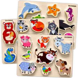 QUOKKA Wooden Puzzles for Toddlers 2-4  Chunky Matching Puzzles Set Toddler Montessori Animal Toys with Jumbo Animals Toddler Puzzles Ages 1-3 I FSC Certified Wood