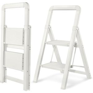 BIBKOKE Step Ladder Folding 2-Step White Finish Aluminum Foldable Step Ladders, Anti-Slip for Home & Kitchen Office 330 lbs