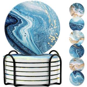 Drink Coasters with Holder, Ceramic Drink Coaster Sets of 6, Marble Blue Ocean Style Absorbent Ceramic Coasters with Cork Base for Home Decor, Kitchen, Gift, Bar, Coffee Table(4 Inches) (C01)