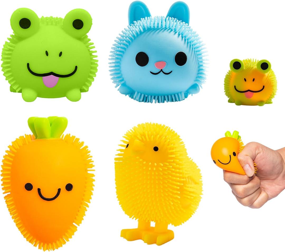 Light Up Squishy Puffer Toys for Kids, 4-Pack Bop-to-Glow Sensory Squishies, Soft Spiky Stress Relief Fidget Toys for Party Favors, Classroom Prizes, Goodie Bags & Basket Stuffers
