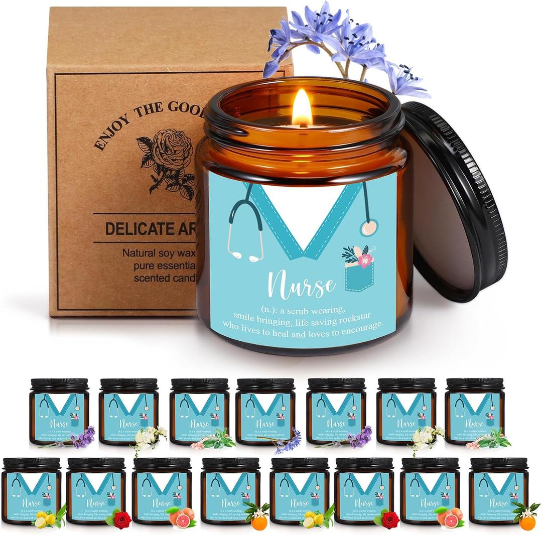 Yexiya 16 Pcs Nurse Week Gifts 3.5 oz Nurse Candle Scented Candles School Appreciation Gifts for Medical Assistant Practitioner Women Men, 8 Scents(Brown)