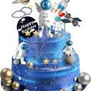 22Pcs Space Cake Topper,Space Cupcake Toppers Astronaut Figurine Birthday Outer Space Themed Party Decorations Supplies Planet Rocket Pearl Balls and Star DIY Cake Toppers (Bule)