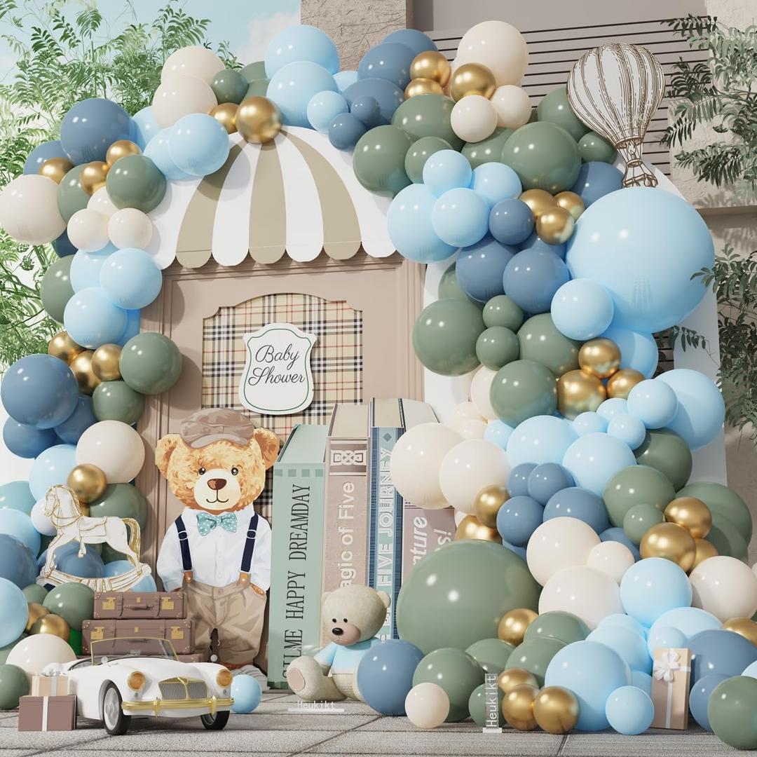 150Pcs Dusty Blue Green Balloon Garland Kit, Macaron Blue Sand White Gold Balloons Arch for Baby Shower Jungle Safari Woodland Birthday Bear Theme Party Decorations
