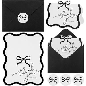 Maitys 24 Set Black Scalloped Edge Thank You Cards with Black Envelopes and Bow Stickers Bulk Blank Greeting Note Cards for Wedding Business Graduation Baby Shower Bridal Shower Funeral