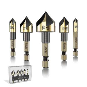 RoViar Countersink Drill Bit Set, 5-Piece HSS High Speed Steel Bits 1/4" 3/8" 1/2" 5/8" 3/4" Hex Shank for Wood Metal Deburring Chamfering, Gold Black Finish