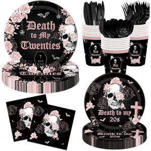 AIBIIN Death to My 20s Decorations Rose Gold and Black Death to My Twenties Tableware Set 30th Birthday Party Disposable Paper Plates Napkins Rip to My 20s Birthday Tableware Supplies for 24 Guests