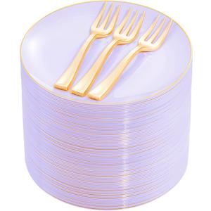 Festiva 200Pcs Purple Gold Dessert Plates 6.3" with Plastic Forks 5"- Disposable Lavender Purple Cake/Appetizer/Salad Plates - serve 100 guests for Party&Wedding&Easter
