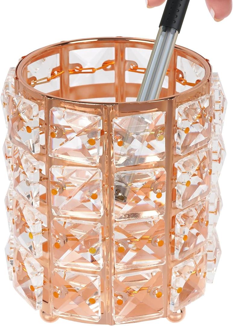 Crystal Pen Holder, Pencil Cups for Desk, Multi-Purpose Desktop Organizer, for Office Writing Desk (Rose Gold)