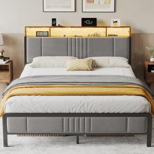 BedsPick Queen Bed Frame with Ergonomic Headboard, Upholstered Metal Platform Bed Queen Size with 2-Tier Storage, Charging Station, Smart LED Lights, Easy Assembly, No Box Spring Needed, Gray (Grey)