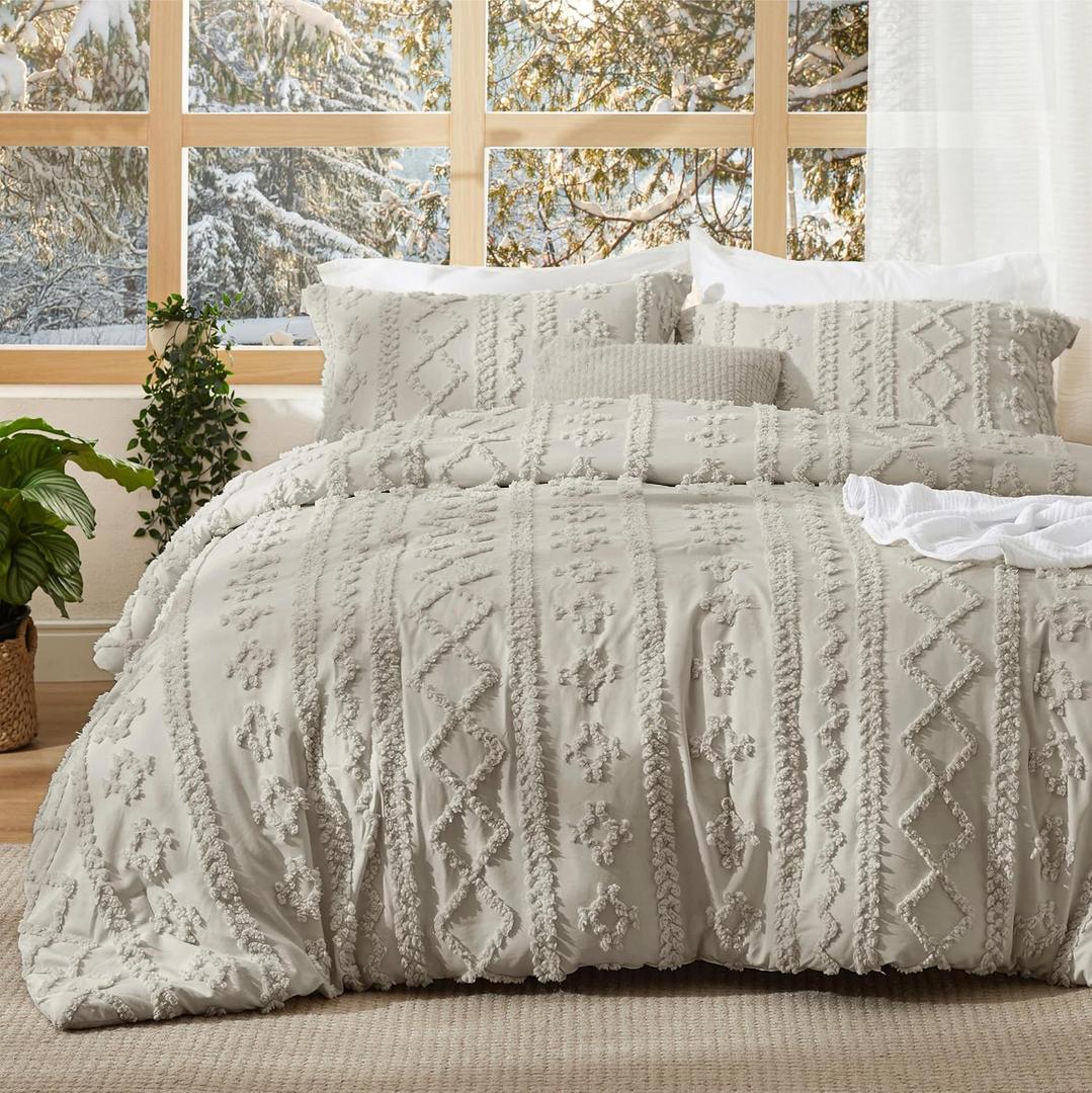 Bedsure Tufted Boho Comforter Set Oversized King - Linen Boho Bed Set, GentleSoft 3 Pieces Farmhouse Shabby Chic Embroidery Bedding, Gifts for Woman, Soft Jacquard Comforter for All Seasons (08 - Linen - Elegant)