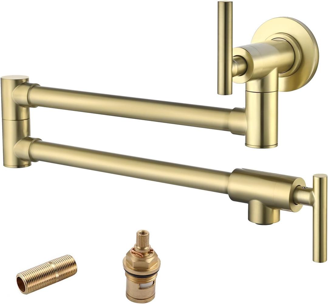 Havin Brushed Gold Pot Filler Faucet, Wall Mount Commercial, Stainless Steel Material Folding Kitchen Tap, Coffee Machine Faucet with Stretchable Double Joint Swing Arms, Upside Down Style