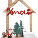 VQN Christmas Wooden Small House Crafts, Xmas Scene Holiday Desktop Ornament for Table Centerpieces, Home Merry Christmas Sign, Rustic Winter Village Set Decor with Santa Claus, Xmas 2 Pack