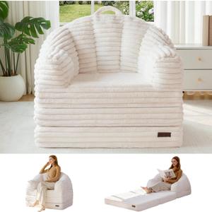MAXYOYO Folding Sofa Bed Chair, Sleeper Chair for Adults, Faux Fur, Single | 2-in-1 Fold-Out Chair Bed, Convertible Floor Lounger with Carry Handle for Reading or Relaxing , Beige