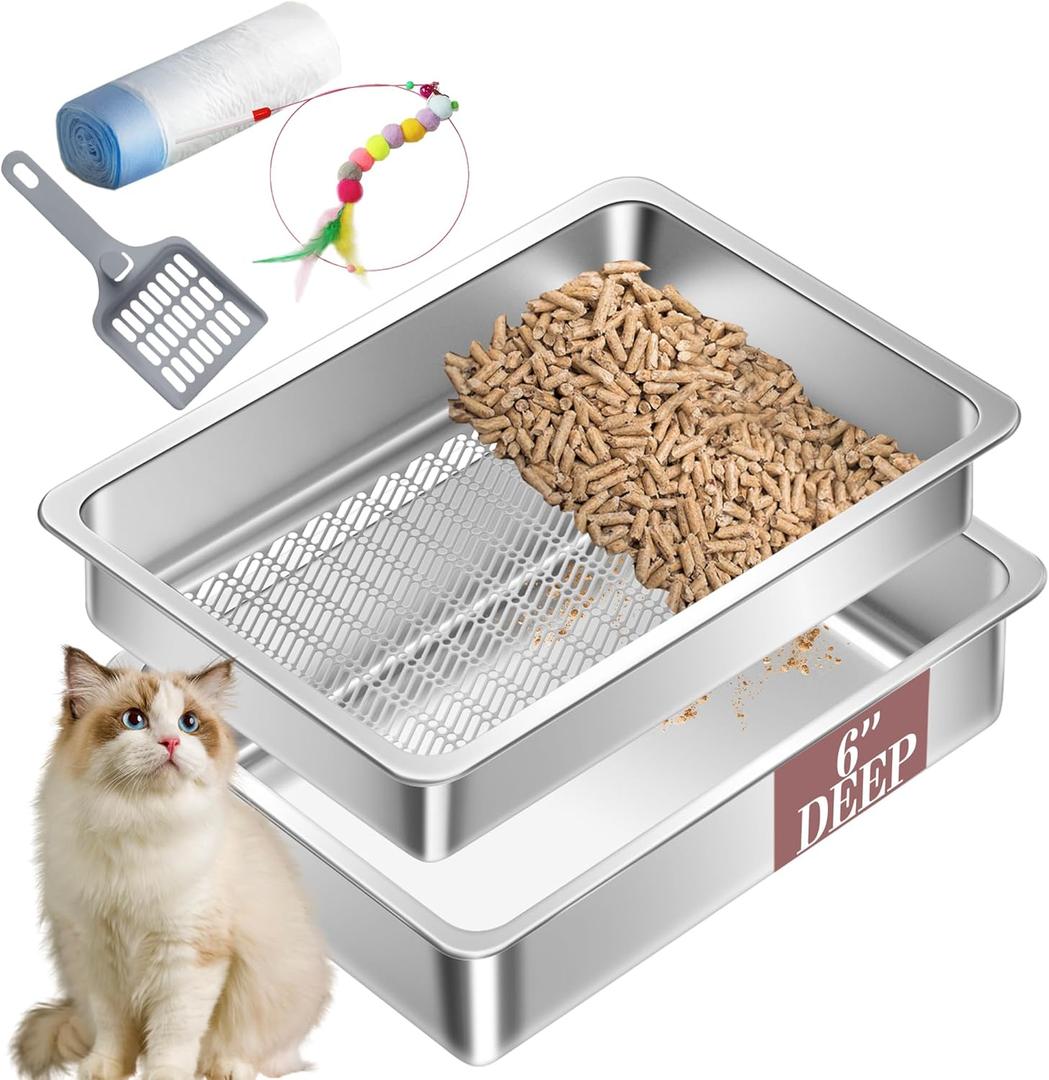 Stainless Steel Sifting Cat Litter Box for Pine Pellets, XL Extra Large Metal Cat Litter Box Sifter Pan with Litter Scoop, Low Dust, Odor Control, Easy Cleaning (23.6Lx15.7Wx6H, 1 Pack)
