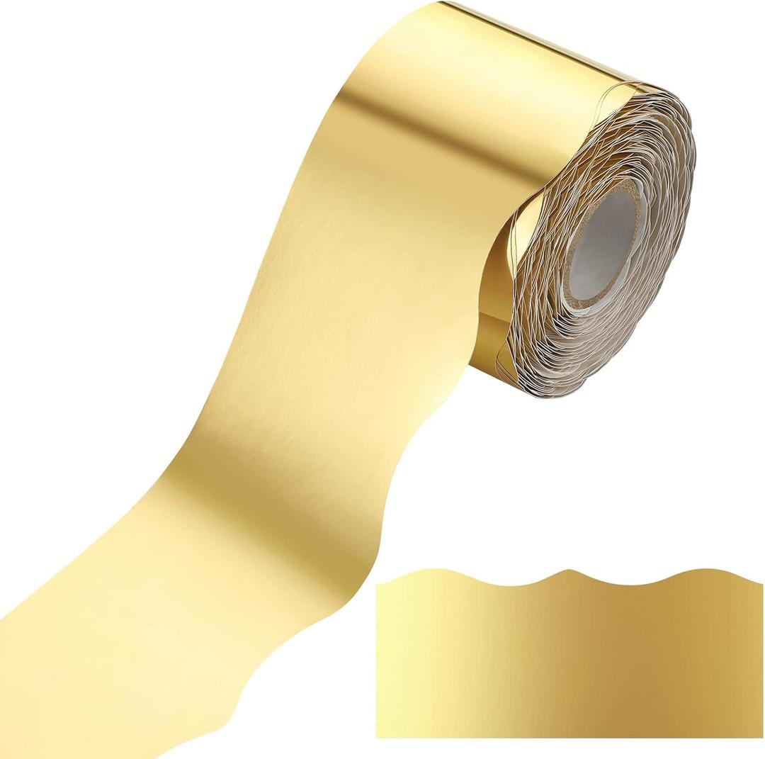 2 x Ecally 65.6 ft Scalloped Bulletin Board Borders Classroom Shine Decorative Scalloped Bulletin Board Trim Borders Decorations for School Classroom Home Decor(Gold)
