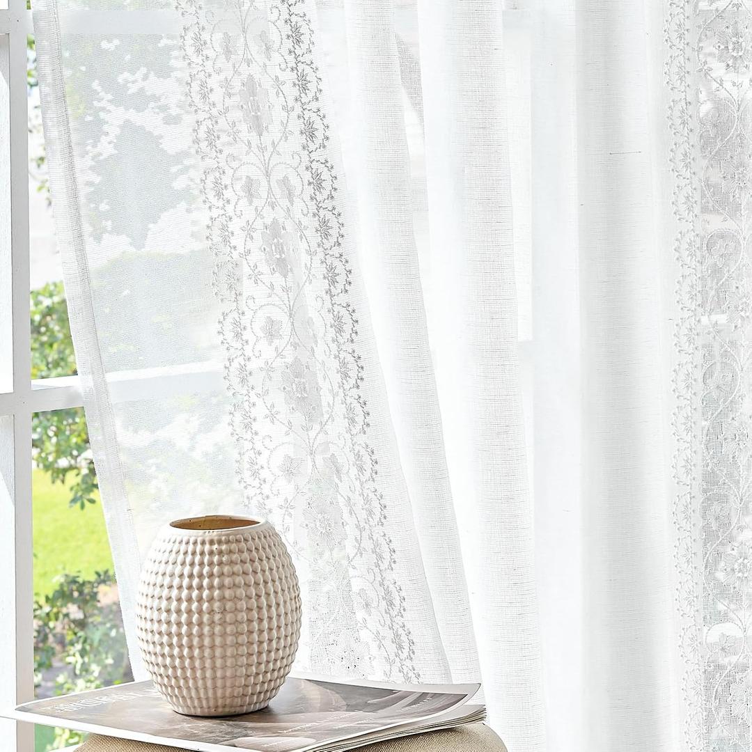 jinchan Weslie Floral White Sheer Curtains for Living Room 84 Inch Long Embroidered Voile Farmhouse Linen Curtains for Bedroom Bordered Flower Patterned Cottage Core Window Drapes 2 Panels Off White, 50"W x 84"L