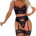 Women's Sexy Lingerie with Waist Garter Embroidered Lace Flower Bra and G-String 4 Piece Lingerie Sets (Black, S)
