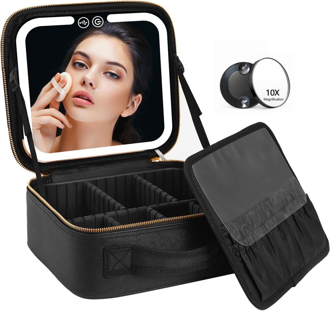 Travel Makeup Bag with LED Lighted Make up Case with Mirror 3 Color Setting Cosmetic Makeup Box Organizer Vanity Case for Women Beauty Tools Accessories Case Rechargeable