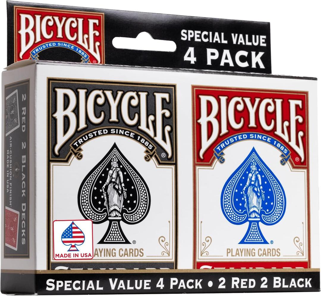 Bicycle Playing Cards 4 Pack, Standard Index Poker Size Decks in Red and Black for Poker, Blackjack, Rummy, Family Game Nights, and Classic Card Games, All Ages