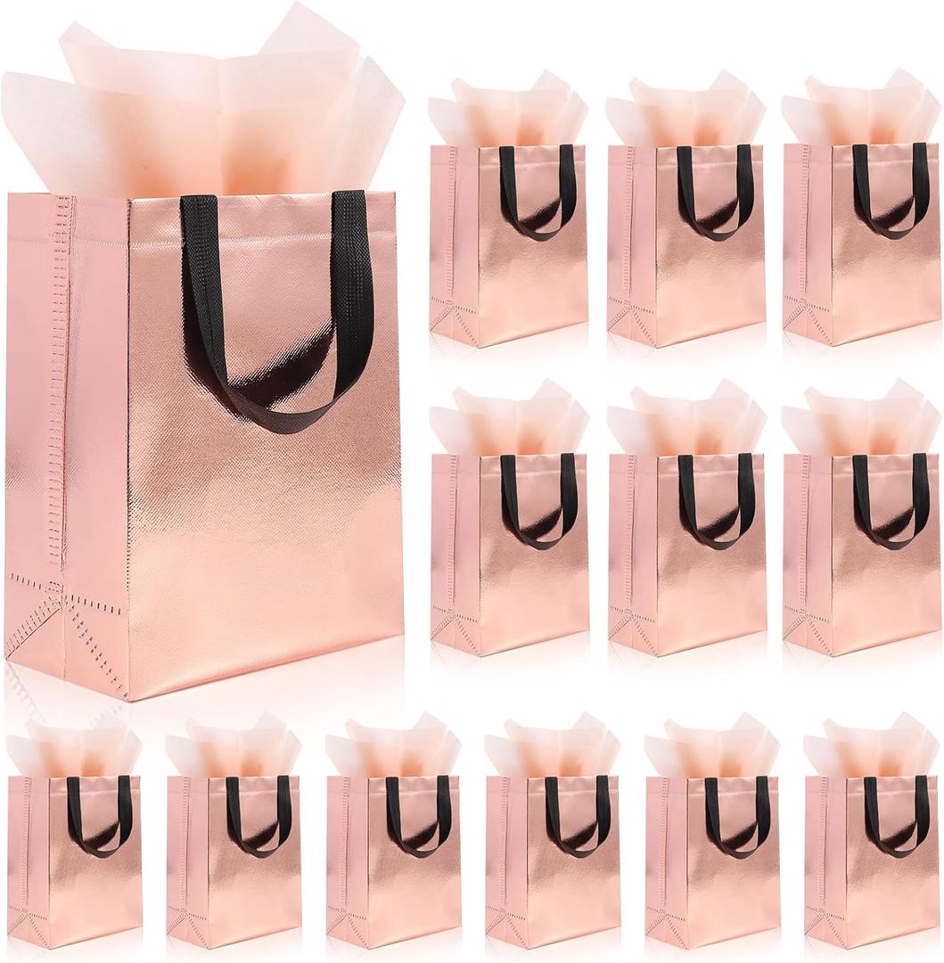 Addblu 12 Pack Reusable Gift Bags with Handles & 24 Tissue Papers, 10x4x8 Inch Iridescent Gift Bags with Cardboard Bases for Shopping, Parties, Birthdays, Weddings, Holiday, Mother's Day (Rose Gold Gift Bag)