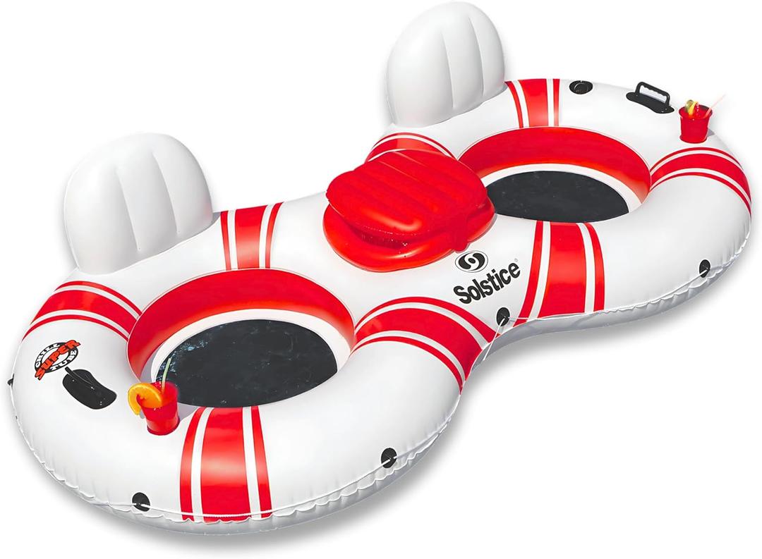 SOLSTICE Inflatable Tube Float  Heavy-Duty Material with Grab Handles for Pool, Lake & River  Compact with Backrest, Mesh Base, Cupholders & Rope  2-Person, White & Red, 89"  Super Chill