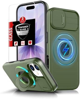 FRLMOOES for iPhone 17 Case Magnetic Compatible with MagSafe Wireless Charging,with 2 Screen Protectors,Built-in Kickstand Ring,with Camera Cover Shock-Absorbent Shockproof Heavy Duty Protection Green