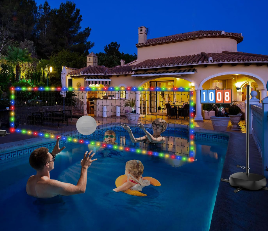 Pool Volleyball Net Set with LED Lights, 15-32FT Width Adjustable
Battery LED Lights, No Solar Needed, Scoreboard, 2 Balls, Pump, Storage Bag