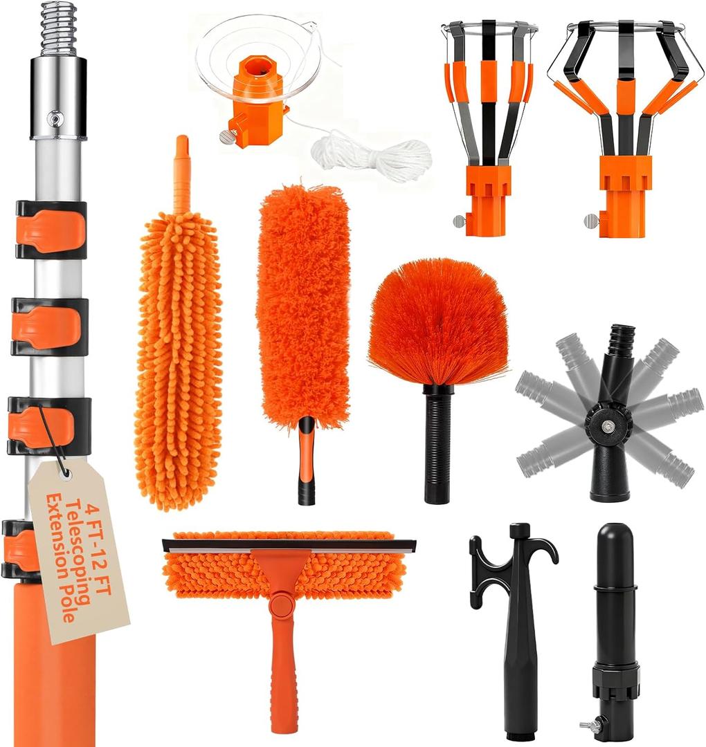 20FT Light Bulb Changer for High Ceilings with 5-12FT Heavy Duty Extension Pole, High Ceiling Fan Duster Extendable Reusable Cobweb, Feather, Window Cleaning Squeegee Kit for Home & House, Interior Roof (Orange)