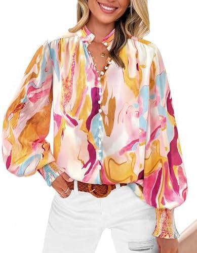 BTFBM Spring Fashion 2025 Button Down Long Sleeve Blouses for Women Dressy Casual V Neck Loose Printed Boho Tops Shirts, Small