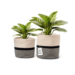 Hallops Woven Planter Basket - Indoor Plant Basket for Flowers Herbs Succulents - Multi-Use Storage Organizer - Set of 2 - Black & Light Brown - Stylish and Versatile Design